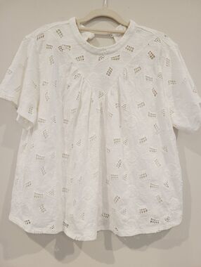 Anthropologie Akemi + Kin White Lattice Rose Embroidered Cotton Blouse